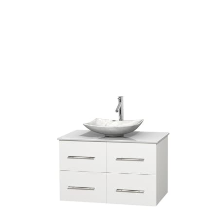 Full Vanity View with White Stone Top and Vessel Sink