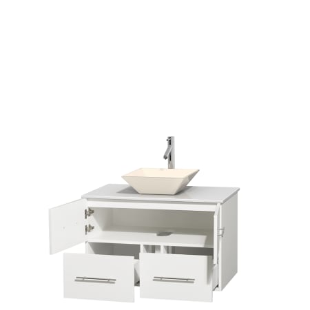 Open Vanity View with White Stone Top and Vessel Sink