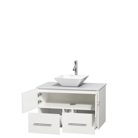 Open Vanity View with White Stone Top and Vessel Sink