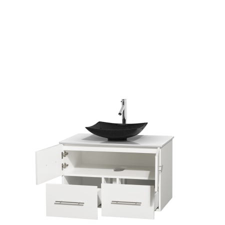 Open Vanity View with White Stone Top and Vessel Sink