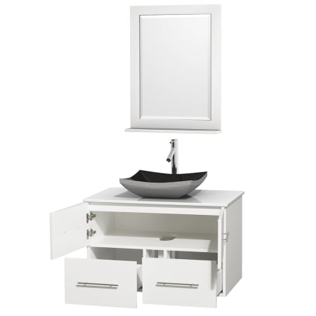 Open Vanity View with White Stone Top, Vessel Sink, and 24" Mirror