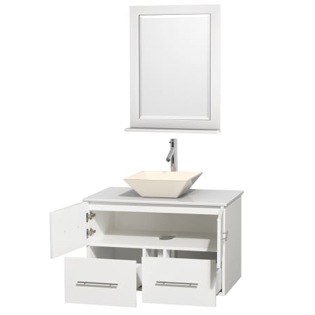 Open Vanity View with White Stone Top, Vessel Sink, and 24" Mirror