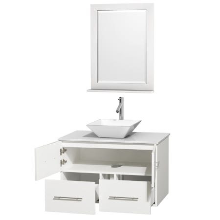 Open Vanity View with White Stone Top, Vessel Sink, and 24" Mirror