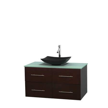 Full Vanity View with Green Glass Top and Vessel Sink