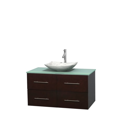 Full Vanity View with Green Glass Top and Vessel Sink