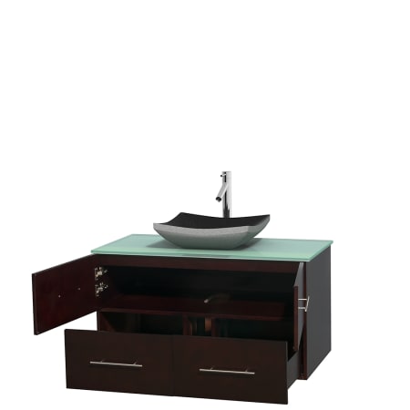 Open Vanity View with Green Glass Top and Vessel Sink