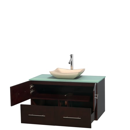 Open Vanity View with Green Glass Top and Vessel Sink