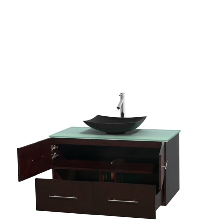 Open Vanity View with Green Glass Top and Vessel Sink