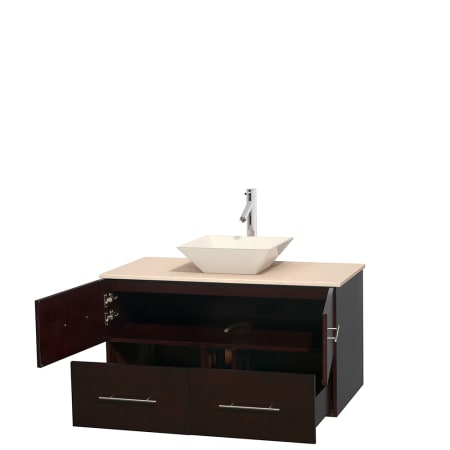 Open Vanity View with Ivory Marble Top and Vessel Sink