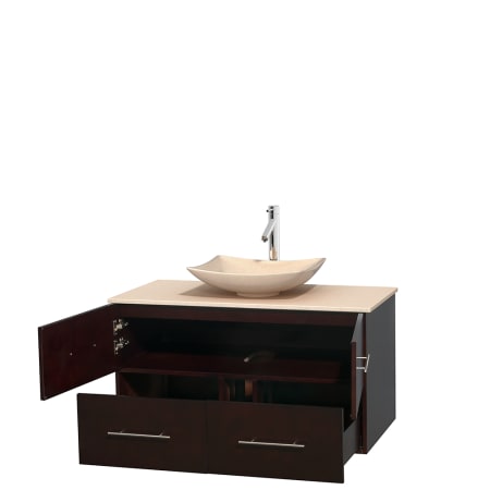 Open Vanity View with Ivory Marble Top and Vessel Sink