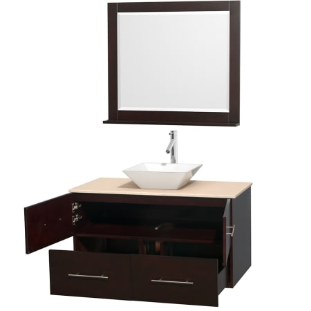 Open Vanity View with Ivory Marble Top, Vessel Sink, and 36" Mirror