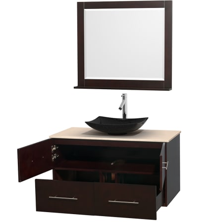 Open Vanity View with Ivory Marble Top, Vessel Sink, and 36" Mirror