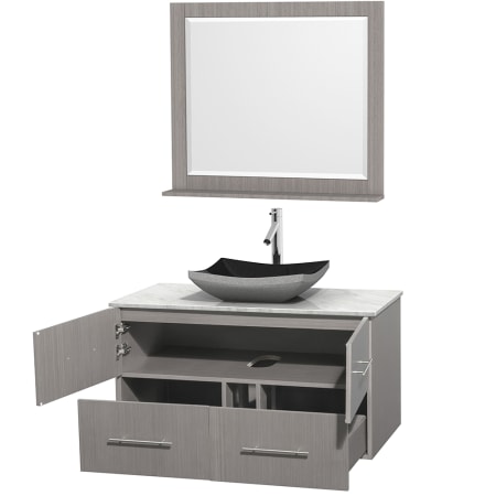 Open Vanity View with White Carrera Marble Top, Vessel Sink, and 36" Mirror