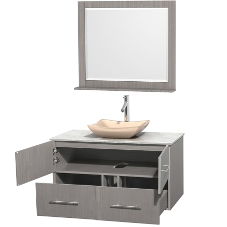 Open Vanity View with White Carrera Marble Top, Vessel Sink, and 36" Mirror