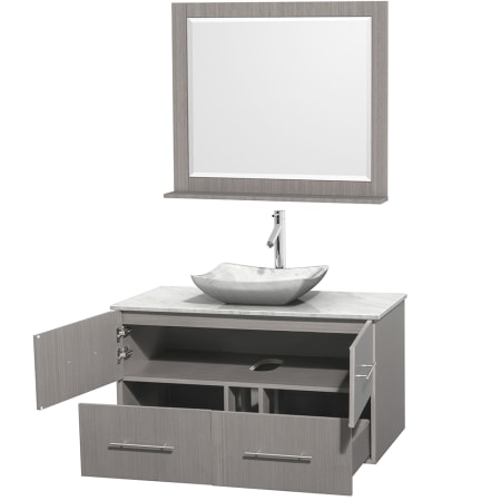 Open Vanity View with White Carrera Marble Top, Vessel Sink, and 36" Mirror