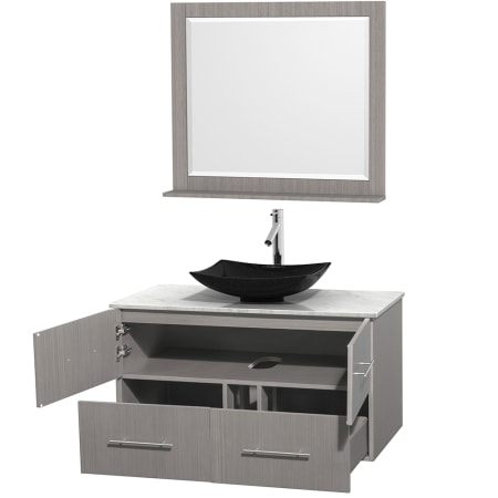 Open Vanity View with White Carrera Marble Top, Vessel Sink, and 36" Mirror