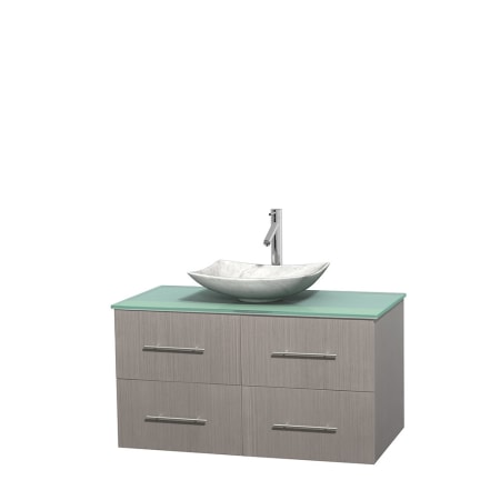 Full Vanity View with Green Glass Top and Vessel Sink