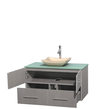 Open Vanity View with Green Glass Top and Vessel Sink