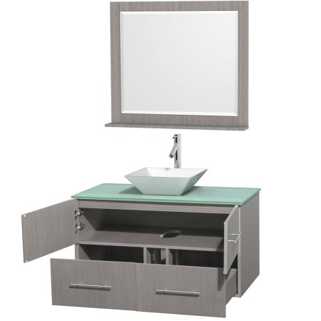 Open Vanity View with Green Glass Top, Vessel Sink, and 36" Mirror