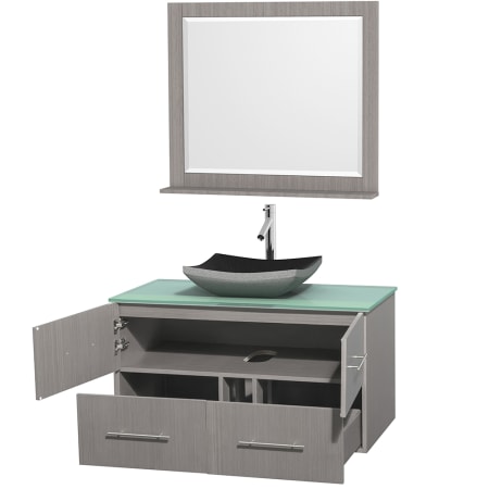 Open Vanity View with Green Glass Top, Vessel Sink, and 36" Mirror