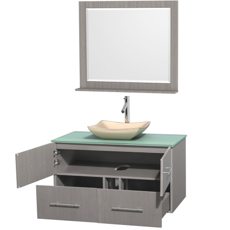 Open Vanity View with Green Glass Top, Vessel Sink, and 36" Mirror