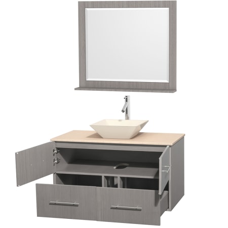 Open Vanity View with Ivory Marble Top, Vessel Sink, and 36" Mirror