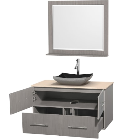 Open Vanity View with Ivory Marble Top, Vessel Sink, and 36" Mirror