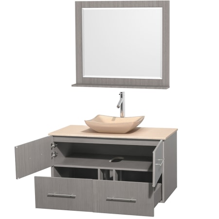 Open Vanity View with Ivory Marble Top, Vessel Sink, and 36" Mirror