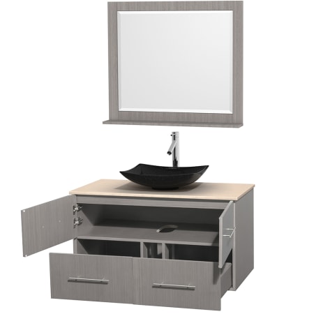 Open Vanity View with Ivory Marble Top, Vessel Sink, and 36" Mirror