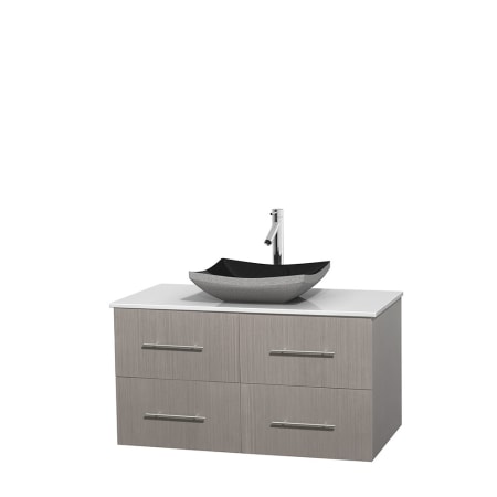 Full Vanity View with White Stone Top and Vessel Sink