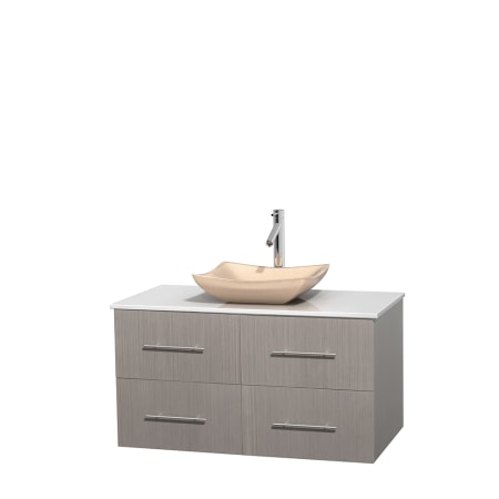 Full Vanity View with White Stone Top and Vessel Sink