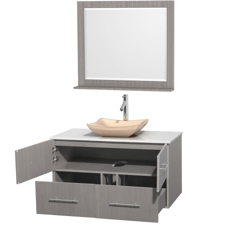 Open Vanity View with White Stone Top, Vessel Sink, and 36" Mirror