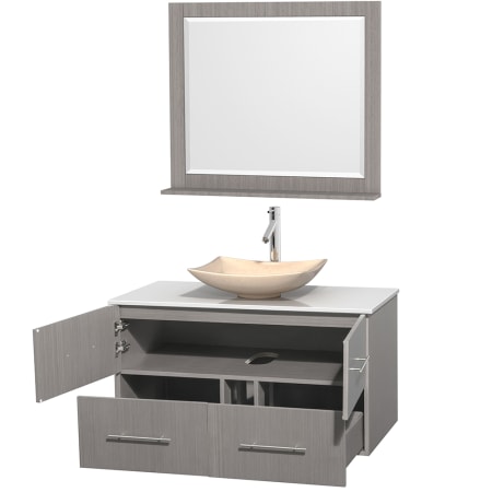 Open Vanity View with White Stone Top, Vessel Sink, and 36" Mirror