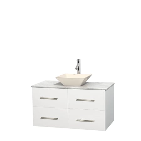 Full Vanity View with White Carrera Marble Top and Vessel Sink