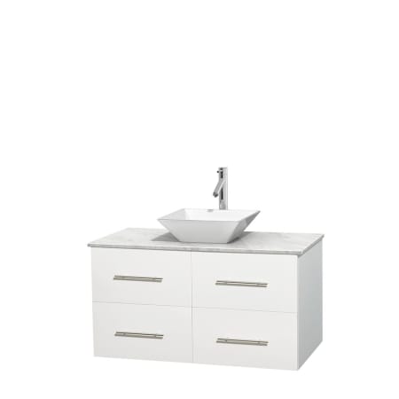 Full Vanity View with White Carrera Marble Top and Vessel Sink