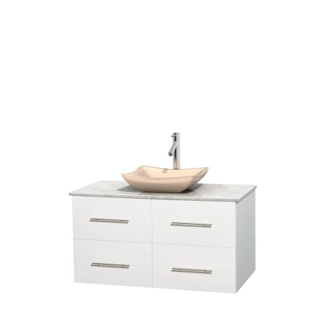 Full Vanity View with White Carrera Marble Top and Vessel Sink