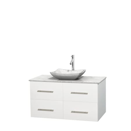 Full Vanity View with White Carrera Marble Top and Vessel Sink