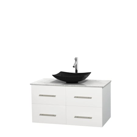 Full Vanity View with White Carrera Marble Top and Vessel Sink