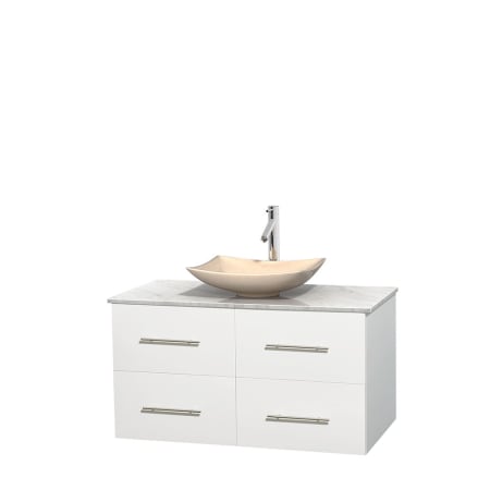 Full Vanity View with White Carrera Marble Top and Vessel Sink