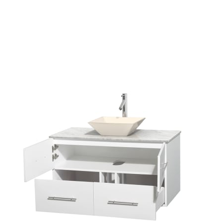 Open Vanity View with White Carrera Marble Top and Vessel Sink