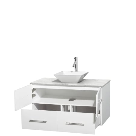 Open Vanity View with White Carrera Marble Top and Vessel Sink