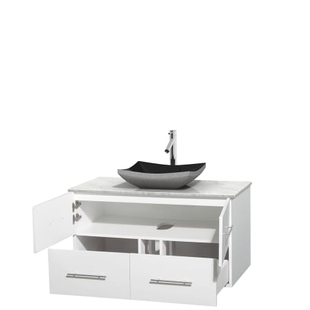 Open Vanity View with White Carrera Marble Top and Vessel Sink