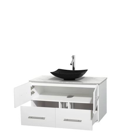 Open Vanity View with White Carrera Marble Top and Vessel Sink