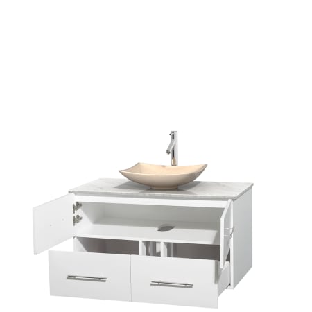 Open Vanity View with White Carrera Marble Top and Vessel Sink