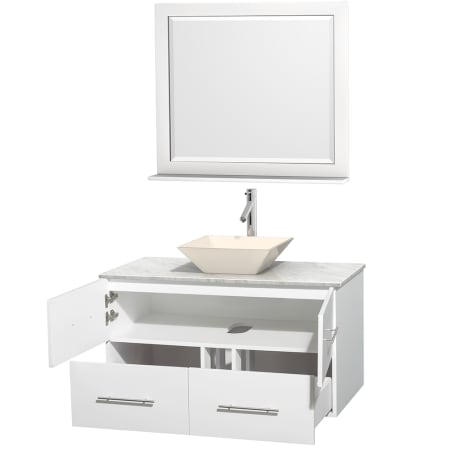 Open Vanity View with White Carrera Marble Top, Vessel Sink, and 36" Mirror