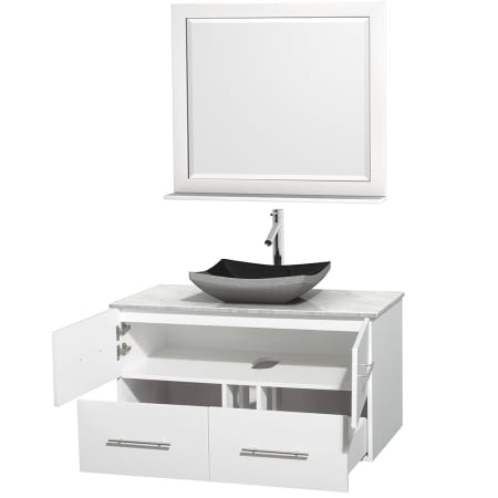 Open Vanity View with White Carrera Marble Top, Vessel Sink, and 36" Mirror