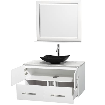 Open Vanity View with White Carrera Marble Top, Vessel Sink, and 36" Mirror