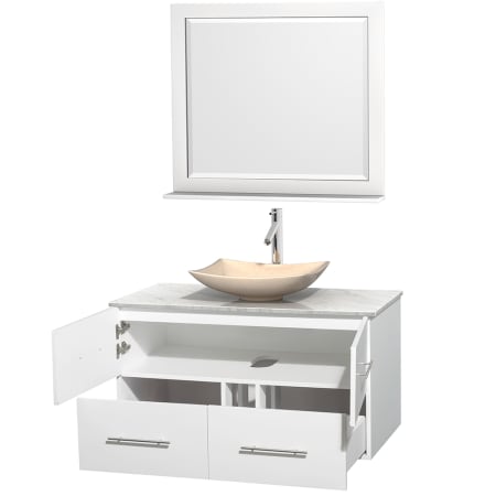 Open Vanity View with White Carrera Marble Top, Vessel Sink, and 36" Mirror