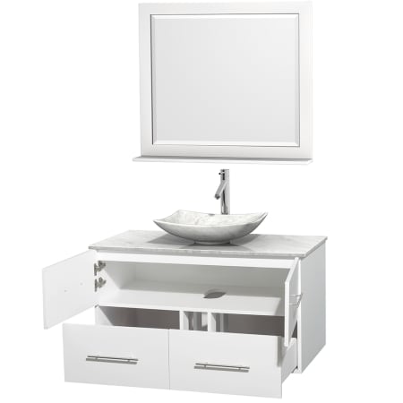 Open Vanity View with White Carrera Marble Top, Vessel Sink, and 36" Mirror