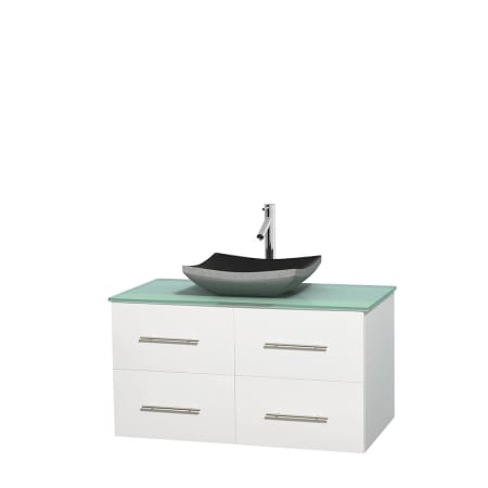 Full Vanity View with Green Glass Top and Vessel Sink